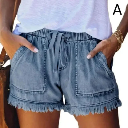 2023 New High Waist Elastic Waist Casual High Waist Slim Shorts Jeans Summer Women'S Loose Straight Shorts Women Clothing